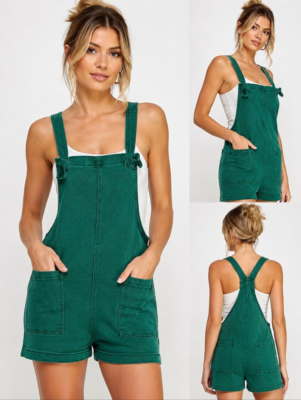 Zenana Green Denim Short Overalls Womens Small Stretch Bib Romper NWT.
